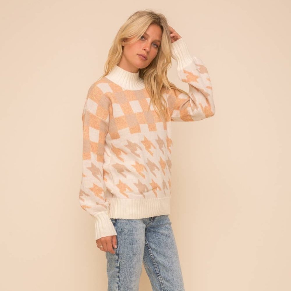 Houndstooth Mixed Bubble Sleeve Sweater